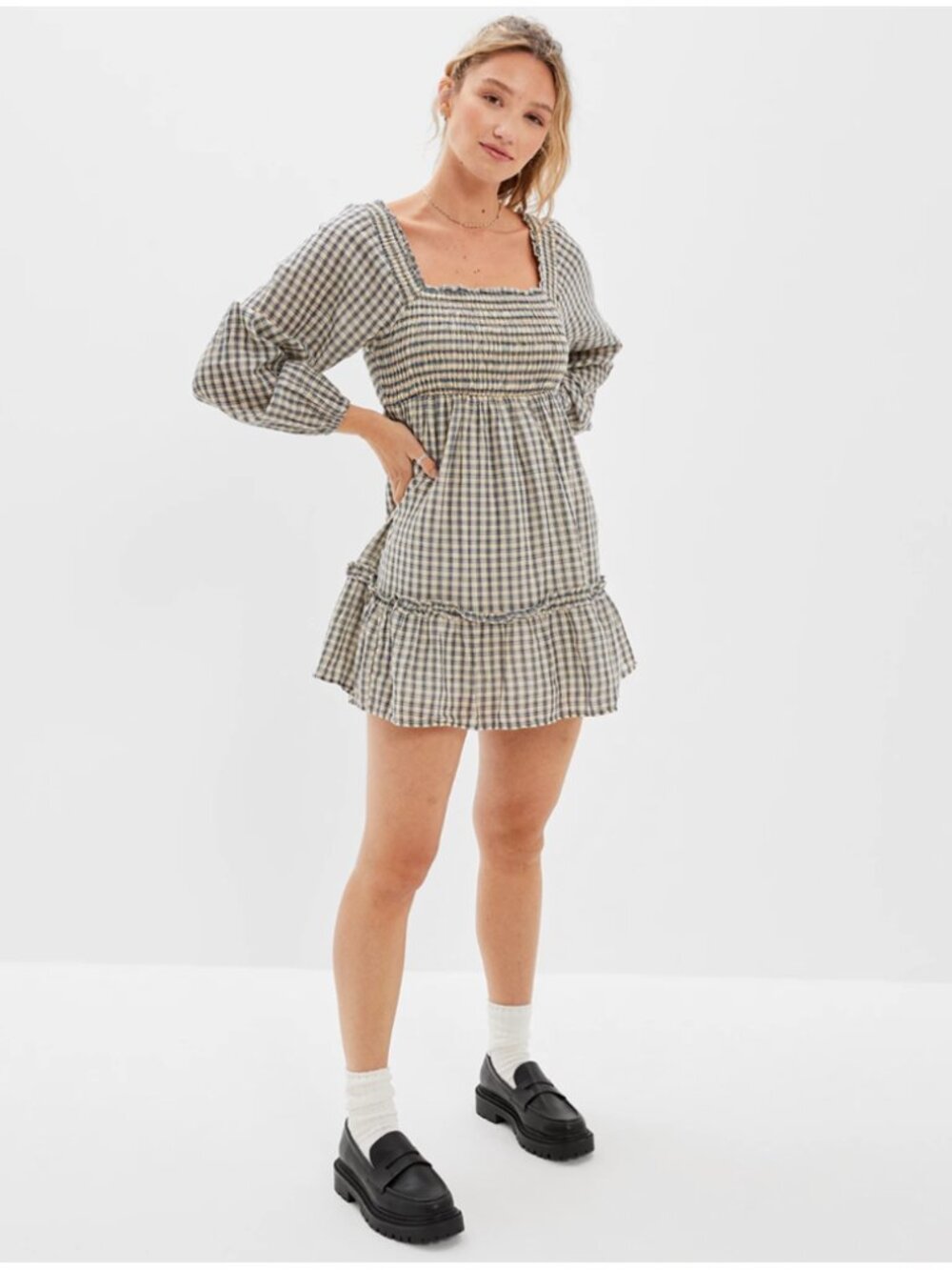 American Eagle Long Sleeve Smocked Plaid Mini Dress